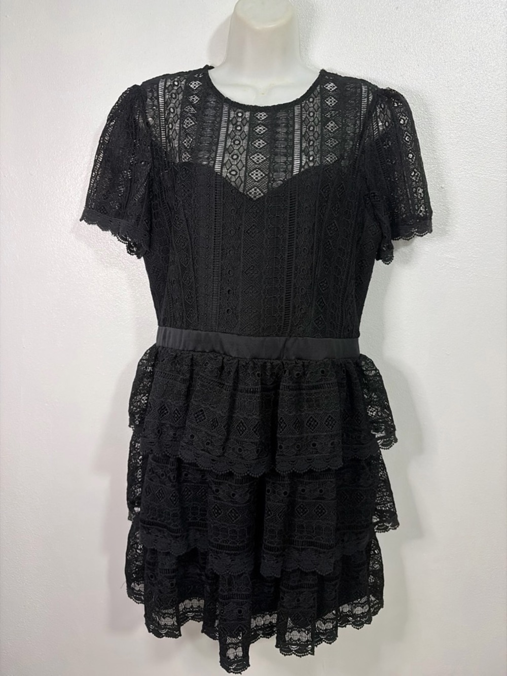 Express Black Lace Tiered Ruffle Mini Dress Gothic Romantic L